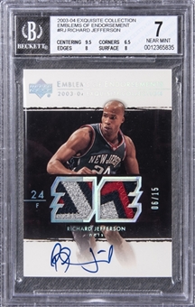 2003-04 UD "Exquisite Collection" Emblems of Endorsement #RJ Richard Jefferson Signed Game Used Patch Card (#06/15) - BGS NM 7/BGS 10